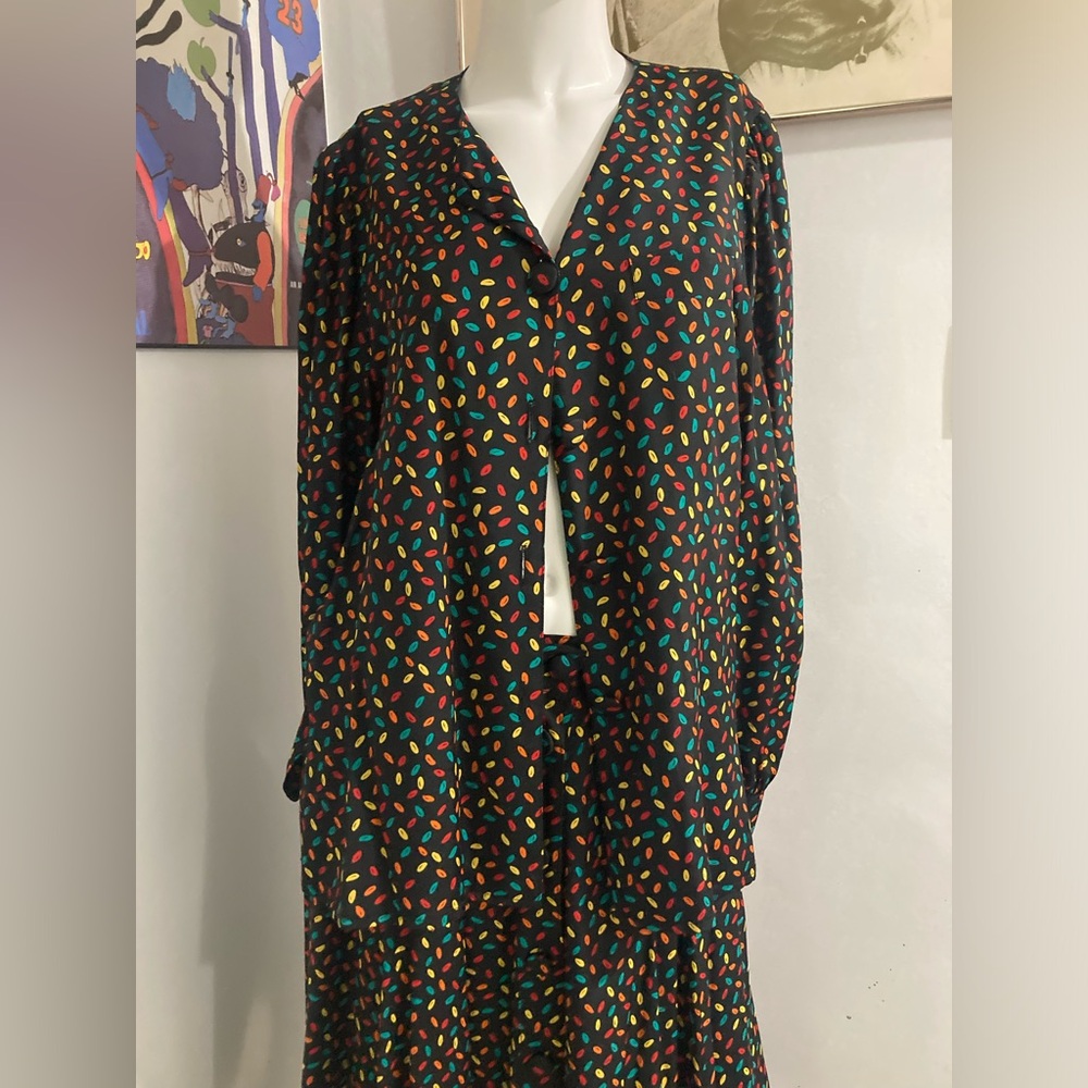 Vintage 80s Jewel Tone on Black Maxi Skirt and Blouse Set